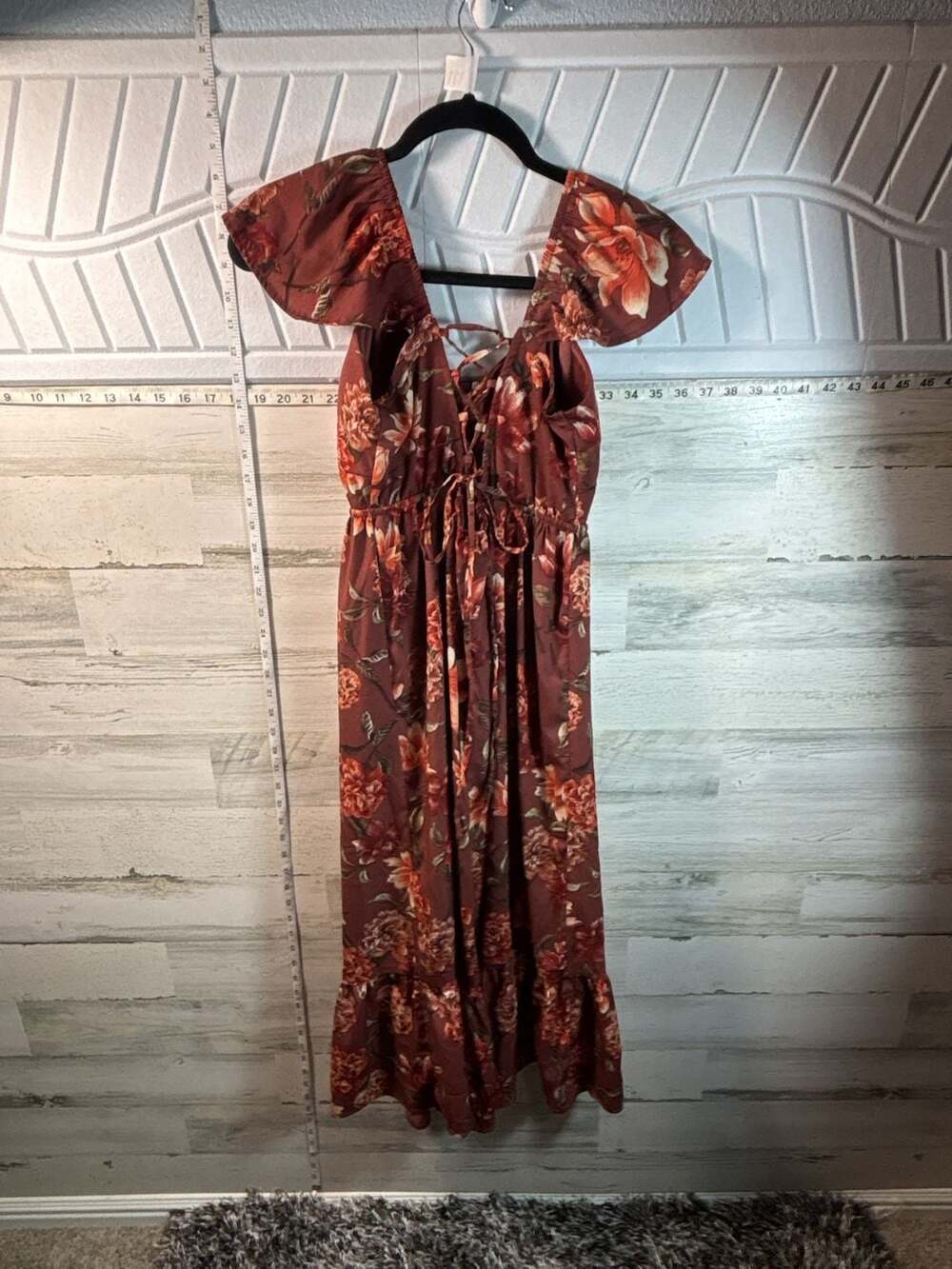 Red Floral Ruffle Short Sleeve Tie Back Midi Dress - Picture 3 of 5